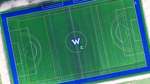 Overhead view of Wilson College’s turf field with soccer, lacrosse and field hockey markings